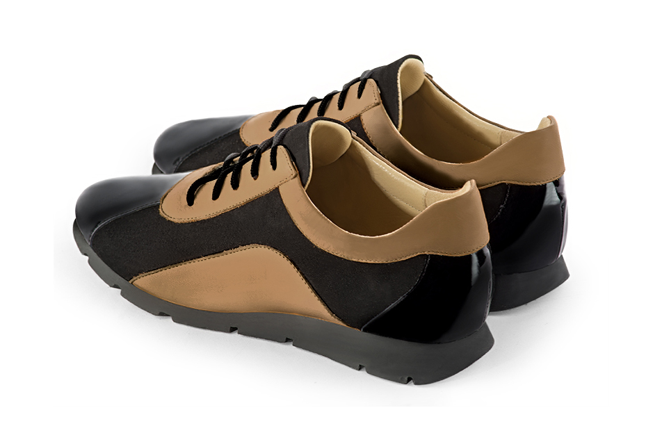 Gloss black and camel beige women's two-tone elegant sneakers. Round toe. Flat rubber soles. Rear view - Florence KOOIJMAN
